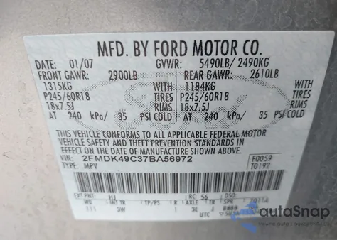2007 Ford Edge Sel Plus z USA, uszkodzony, nr VIN 2FMDK49C37BA56972